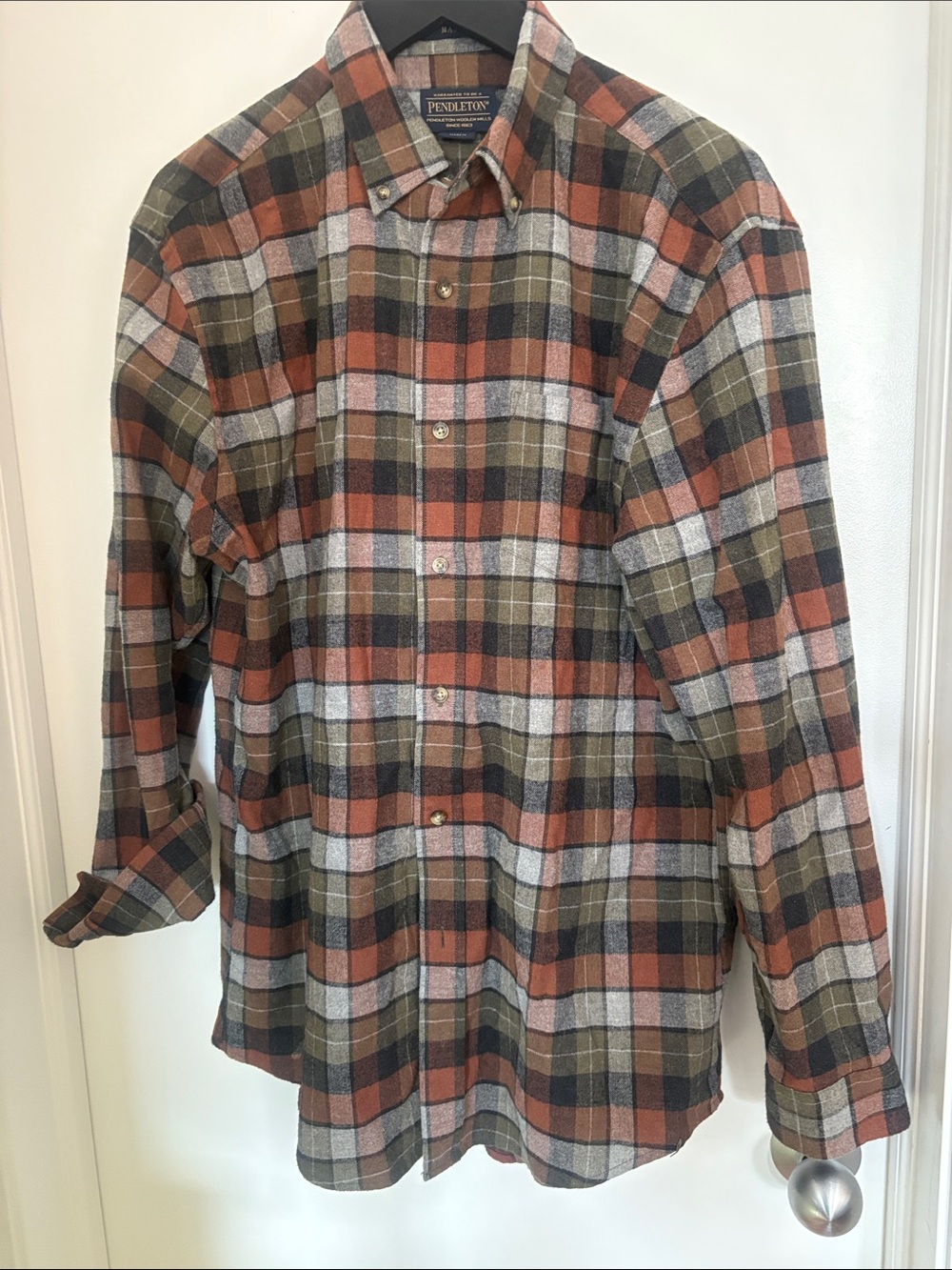 Pendleton Men's Orange, Olive & Gray Plaid Button-Down Shirt